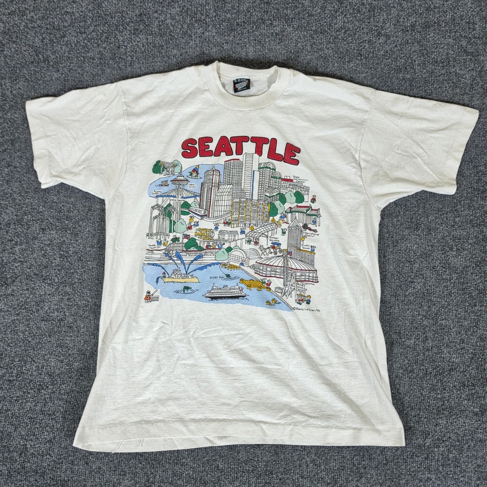 Vintage 1990 2 Sided Seattle City Map T Shirt Screen Stars XL Single Stitch